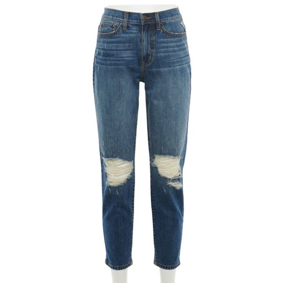 SO High Rise Mom Jeans Distressed Ripped Knees Blue Denim Size 5/27 - Picture 1 of 7